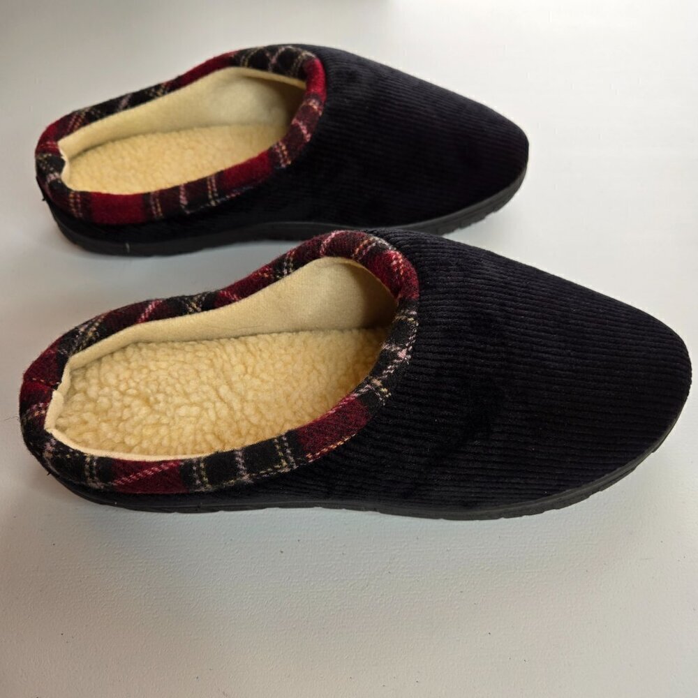 Totes Men's Black Corduroy Faux Fur Red Trim Memory Foam Slide Slippers Sz L - Picture 4 of 11